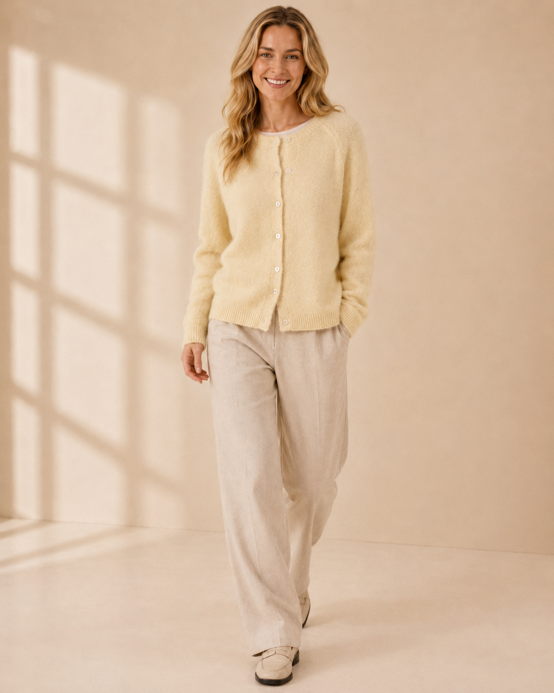 Stickad cardigan Ragnhild i citrongul – mjuk ullmix med alpaca, knäppning framtill, onesize stl 36–42"