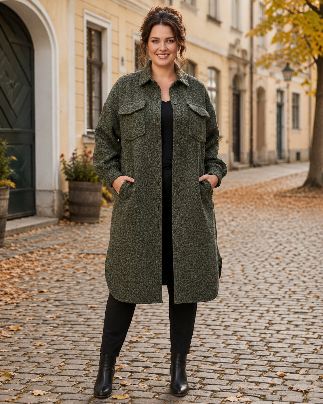 Jacka Inga khaki – lång jacka med knäppning, ledig passform, queensize, Dimoda