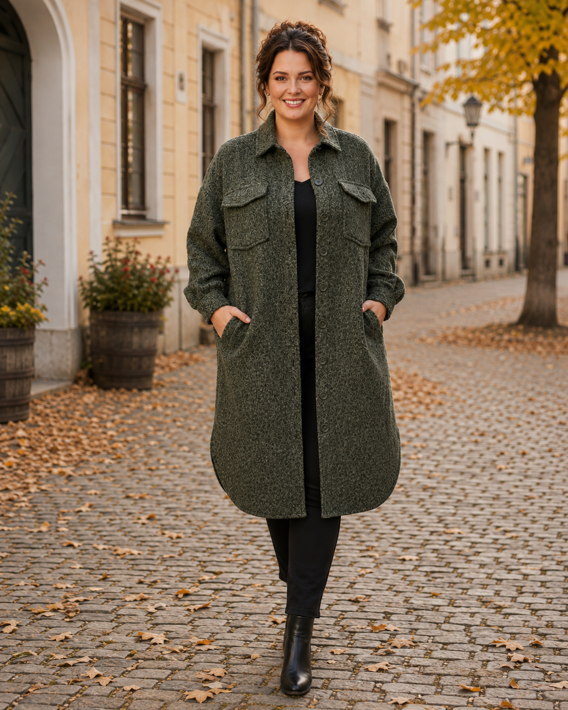 Jacka Inga khaki – lång jacka med knäppning, ledig passform, queensize, Dimoda