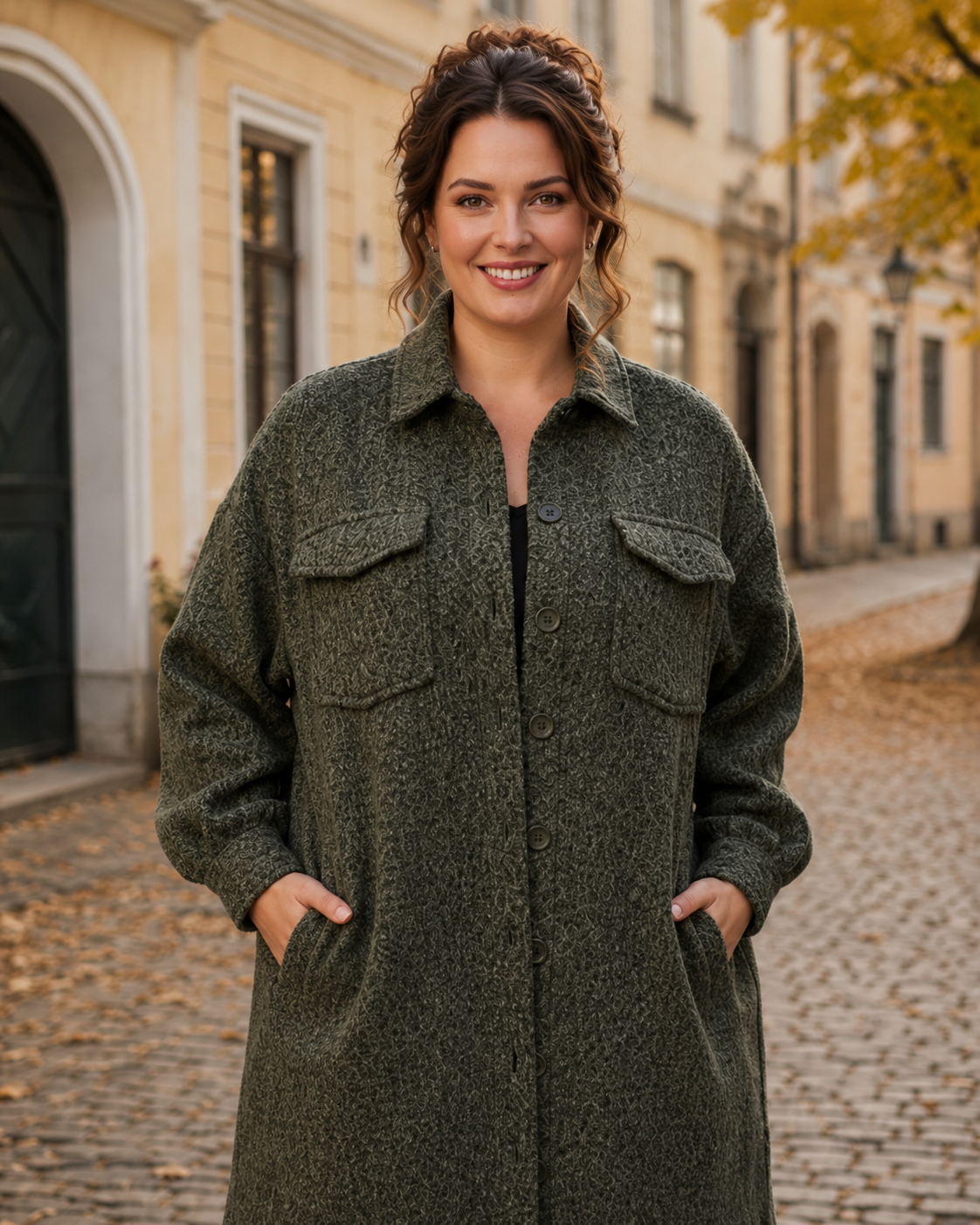 Jacka Inga khaki – lång jacka med knäppning, ledig passform, queensize, Dimoda