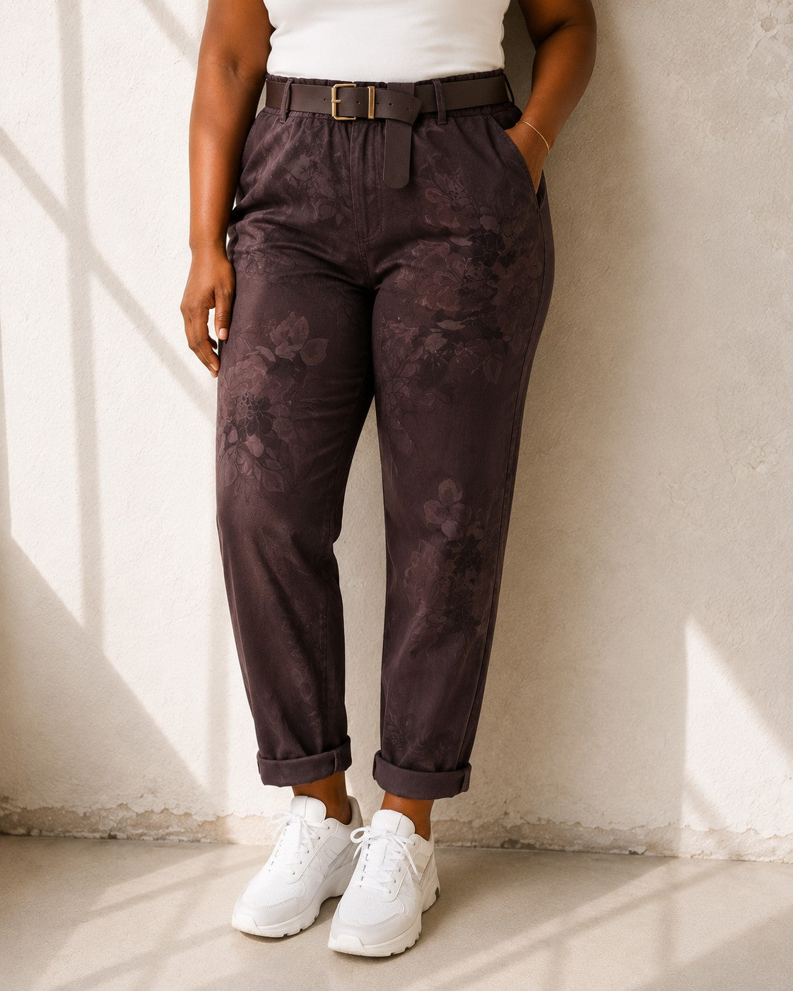 Joggers med blommönster i brun – avslappnad Queensize-passform med resår och skärp, onesize stl 40–46