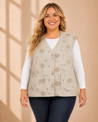 Steppweste mit Blumen und Pailletten in Beige – V-Ausschnitt und Taschen, Einheitsgröße 38–46, hergestellt in Italien
