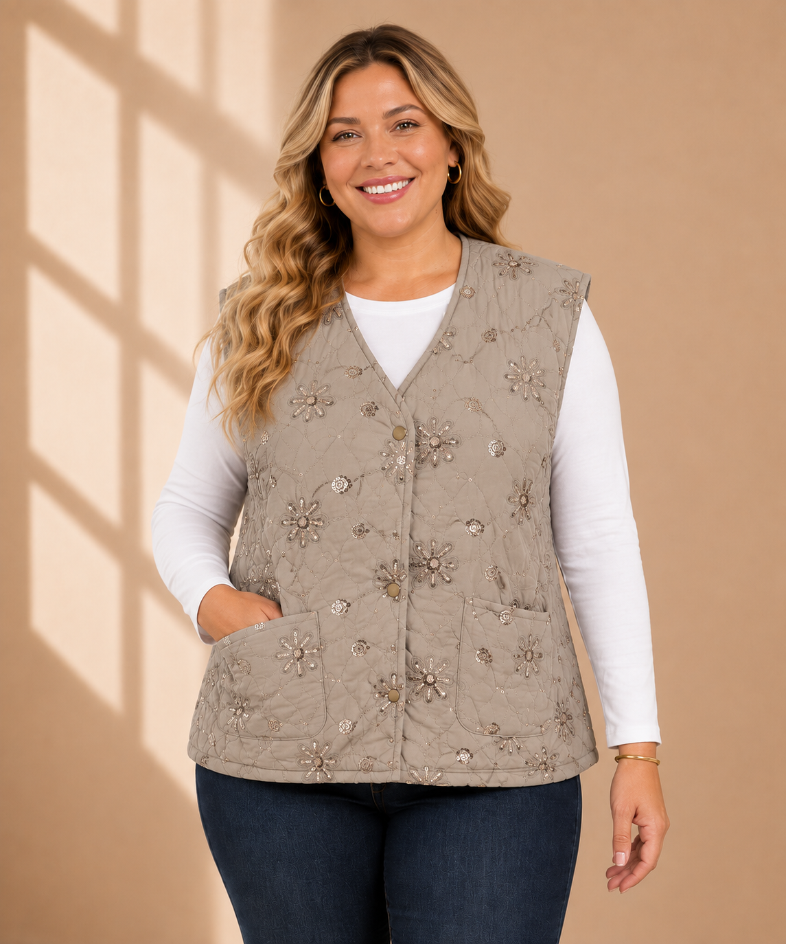Steppweste mit Blumen und Pailletten in Beige – V-Ausschnitt und Taschen, Einheitsgröße 38–46, hergestellt in Italien