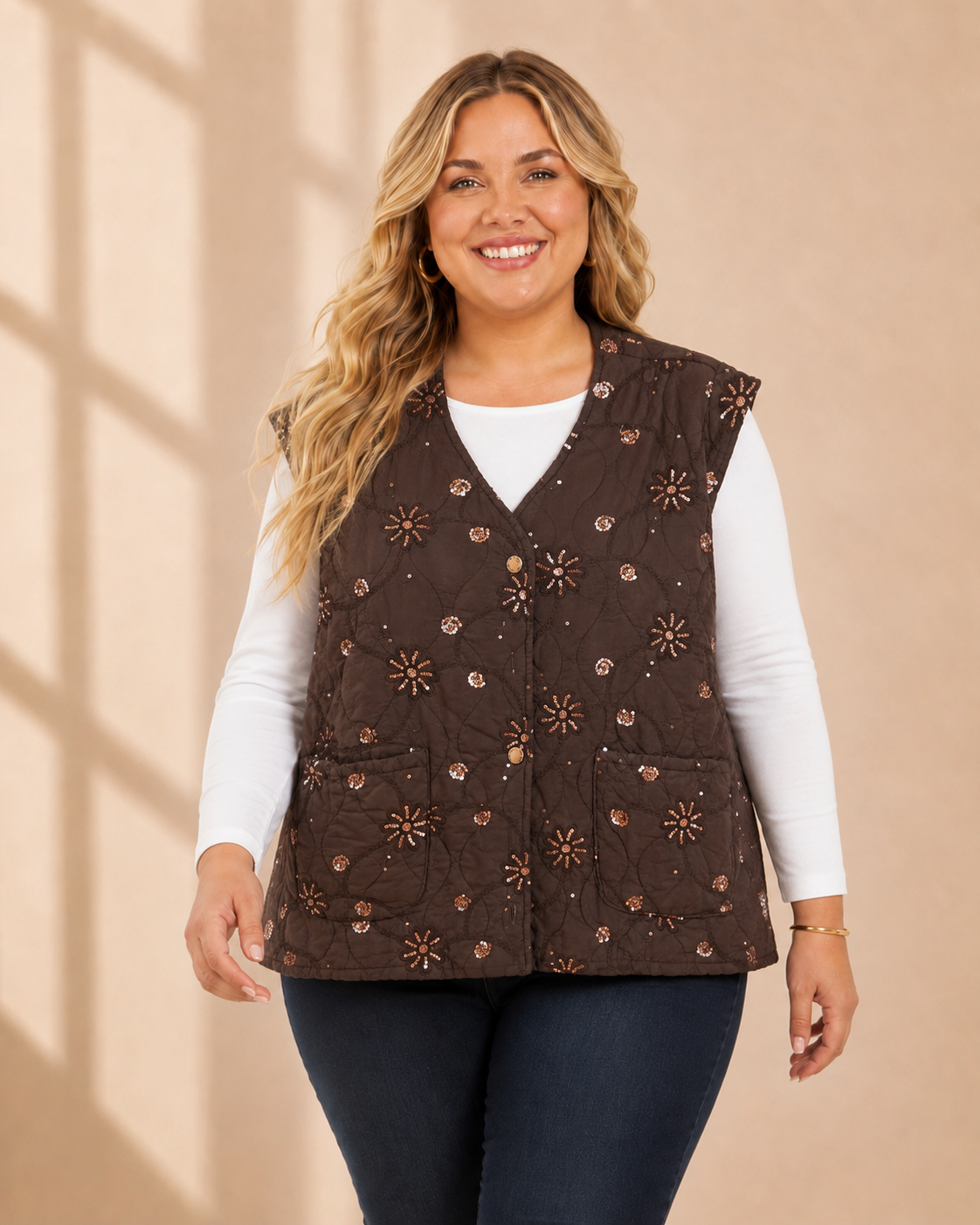 Quiltad väst med blommor och paljetter i brun – V-ringning och fickor, onesize stl 38–46, Made in Ital