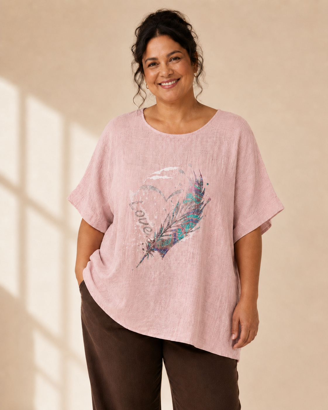 "Topp Glittery Feather med fjädermotiv i rosa – Queensize
