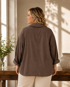Chemisier Fiore Queensize en marron - chemisier en coton avec broderie de fleurs, taille unique 46-54, fabriqué en Italie