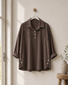 Chemisier Fiore Queensize en marron - chemisier en coton avec broderie de fleurs, taille unique 46-54, fabriqué en Italie