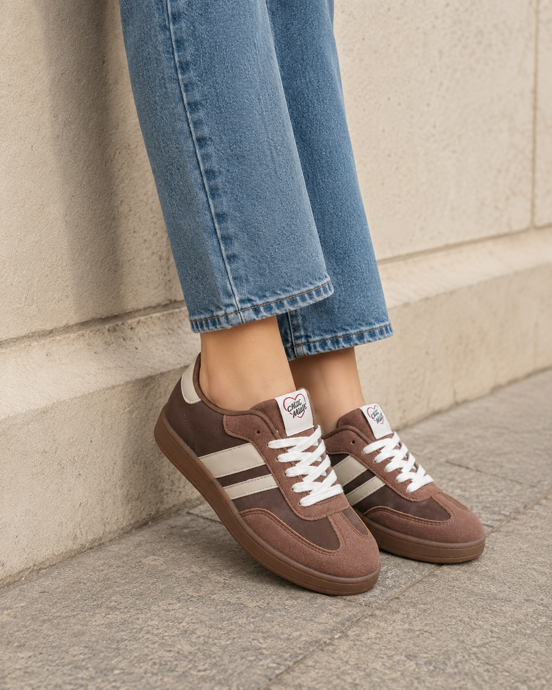 Bruna retro sneakers med beige detaljer stylade med raka jeans